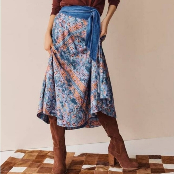 Anthropologie Dresses & Skirts - Pilcro Bohemian Blue Patterned Denim Midi Skirt